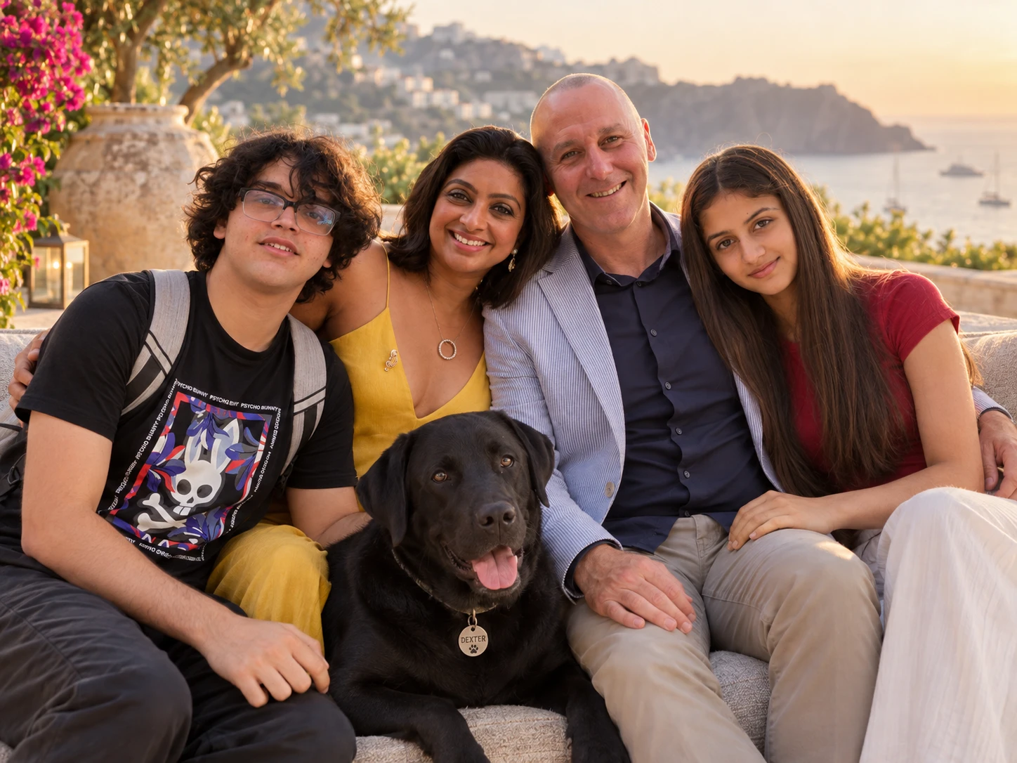 Nerissa with Pascal, Tristan, Maya and Dexter, together beside the sea